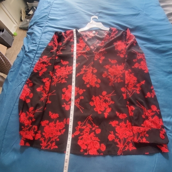 Women floral print blouse long sleeves black& red pop over‎ - Picture 9 of 10